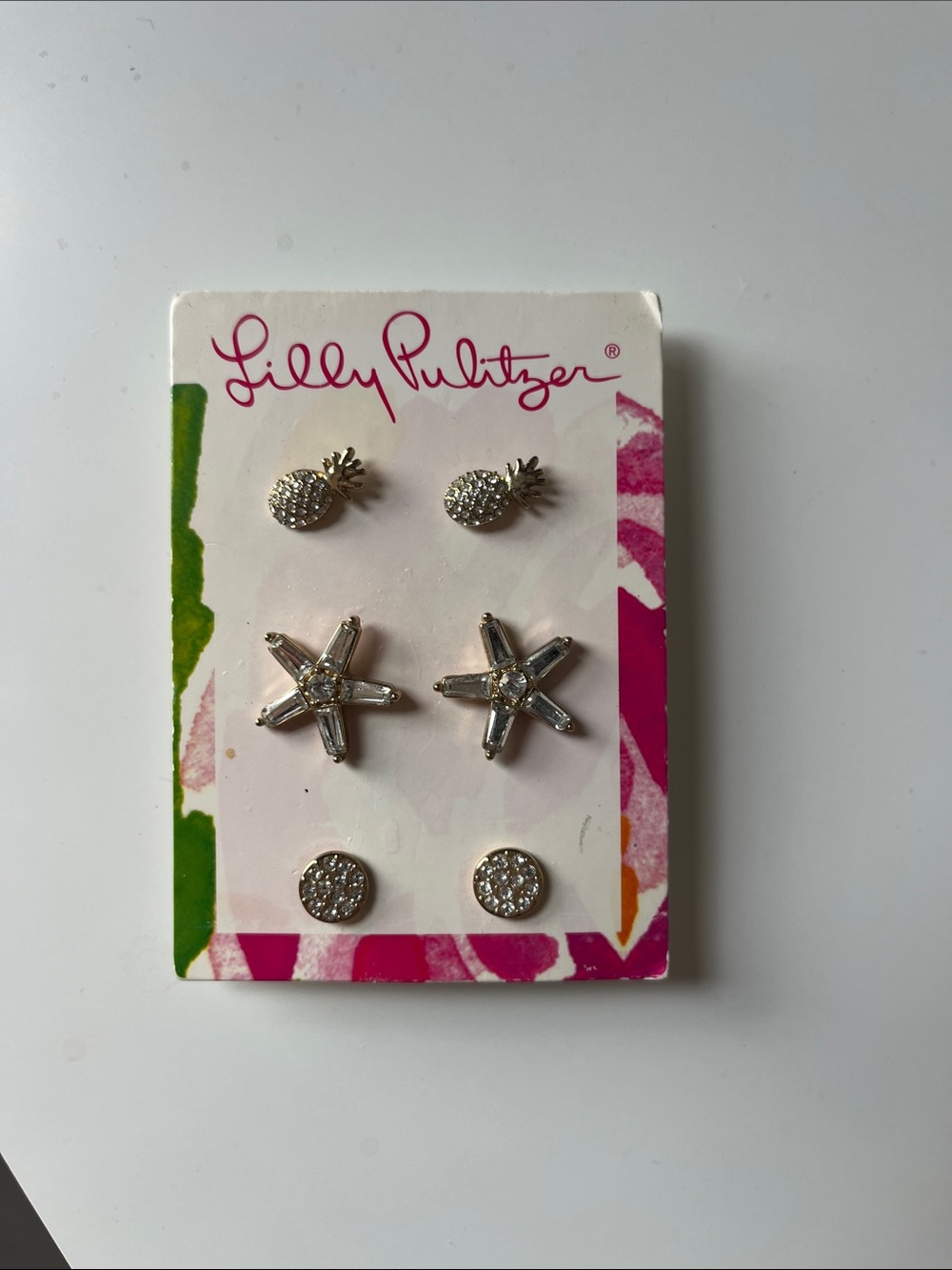 Lilly Pulitzer Gold Pineapple, Starfish and Crystal Stud Earring Set